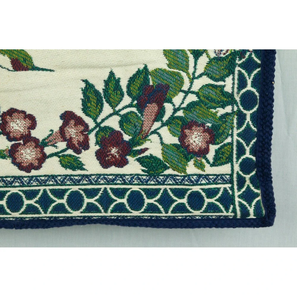 Vintage Woven Hummingbird Tapestry Wall Hanging Floral Nature Decor Cream Blue